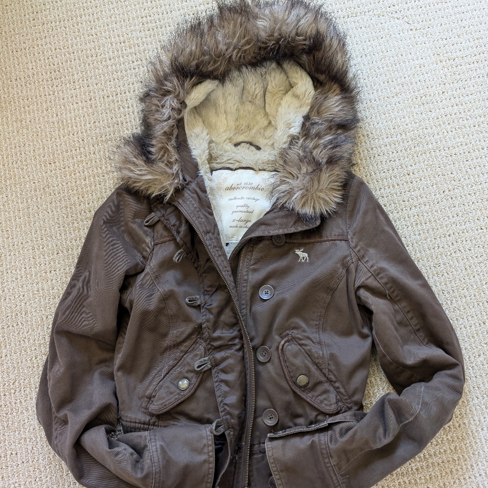 abercrombie Faux Fur Lined Bomber Jacket with hood Excellent Condition